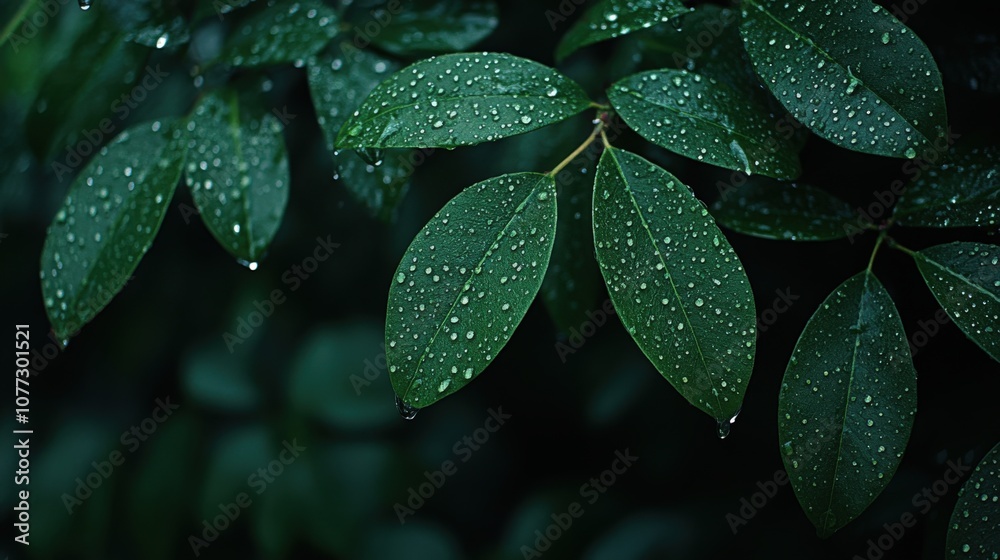 Fototapeta premium Lush Green Leaves Glistening with Raindrops in a Dark Background