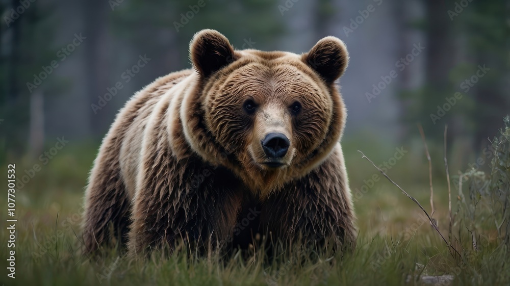 Obraz premium A bear in a proud river in the taiga in the forest