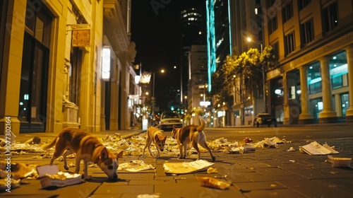 Fototapeta Naklejka Na Ścianę i Meble -  Three small dogs roam the streets at night, foraging for scraps among the discarded trash.