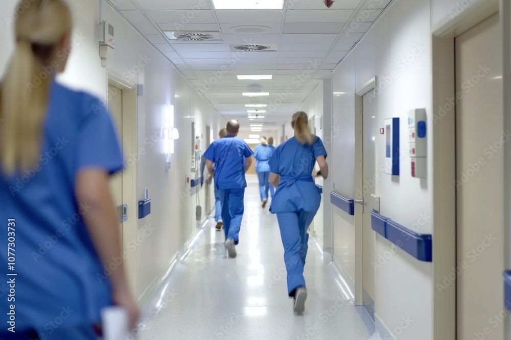Obraz premium Blurred background of a doctor and nurses in hospital interior