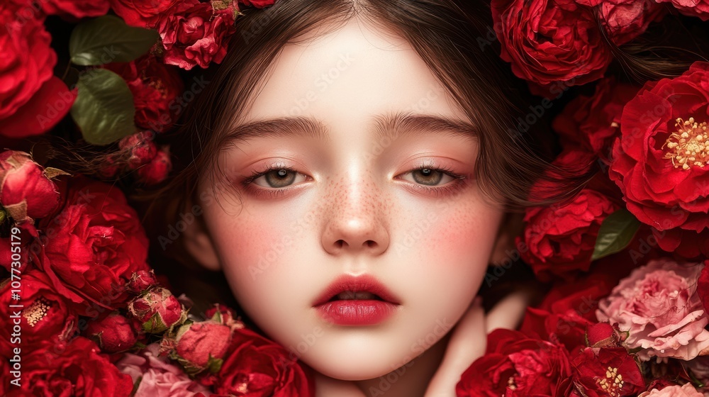 Naklejka premium A close-up of a serene face framed by vibrant red roses, emphasizing delicate features and soft makeup, This image is perfect for beauty campaigns, floral designs, or romantic themes,