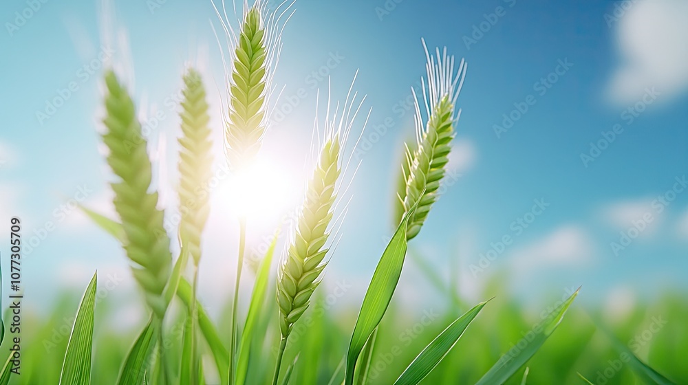 Naklejka premium Golden wheat ears basking in sunlight under a vibrant blue sky, capturing the essence of a sunny day in nature's embrace