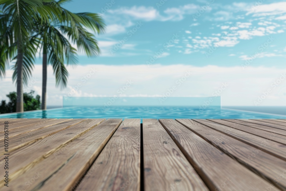 Fototapeta premium Wood table top on beach chair in outdoor swimming pool