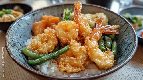 揚げたて天ぷらの天丼セット - 味噌汁と漬物付き photo