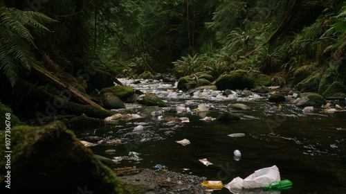 Plastic pollution in a lush forest stream, a stark reminder of the impact of human waste on nature.