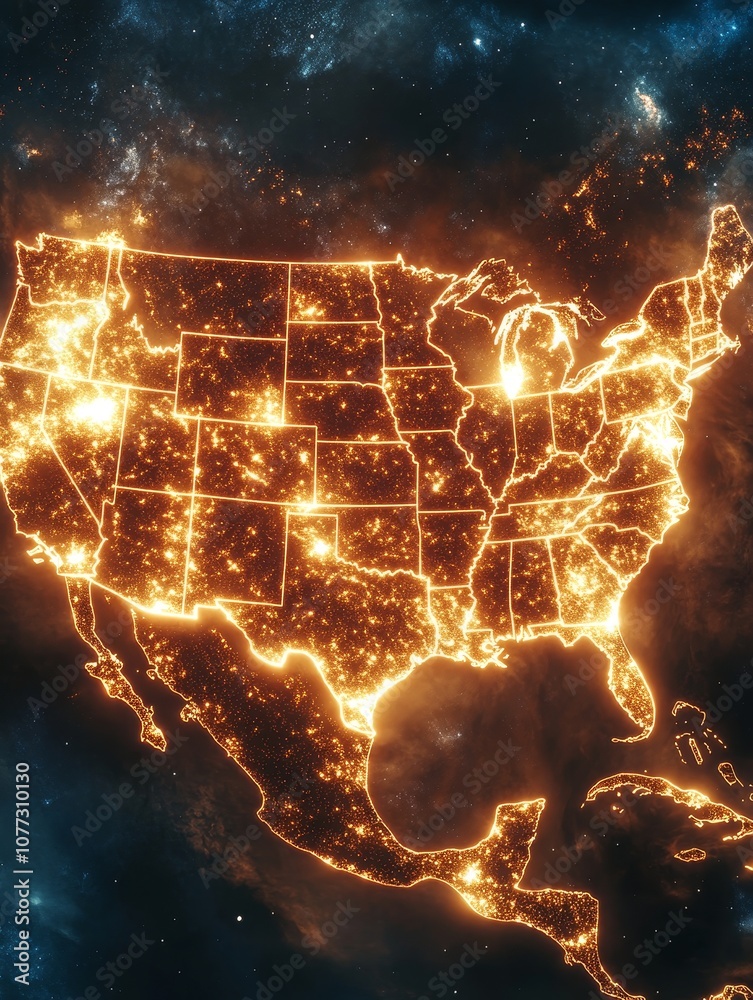 A glowing map of the United States with a starry background, showcasing ...
