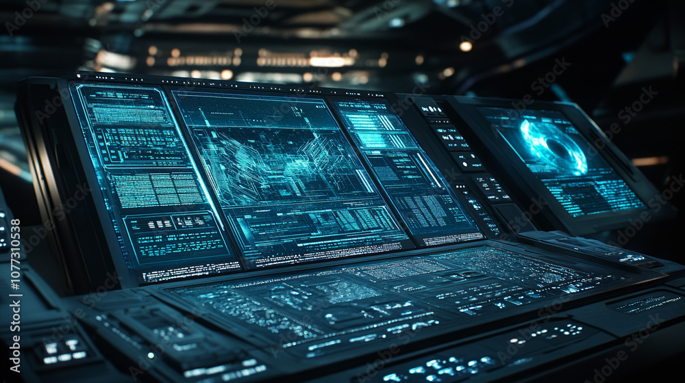 Obraz premium Futuristic Sci-Fi Interface: Glowing Blue Digital Dashboard, High-Tech Console, Cyberpunk Control Panel