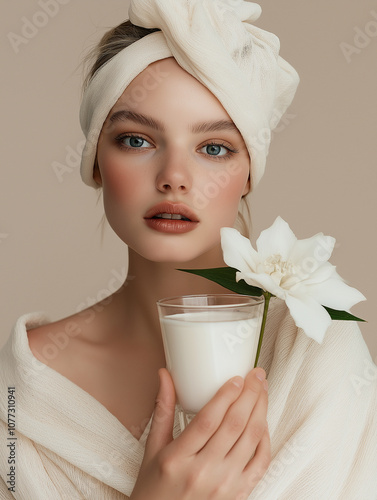 Natürliche Schönheit in Wellness-Moment, junge Frau mit Handtuch, sanftes Make-up, pure Eleganz und Entspannung, minimalistisches Beauty-Konzept