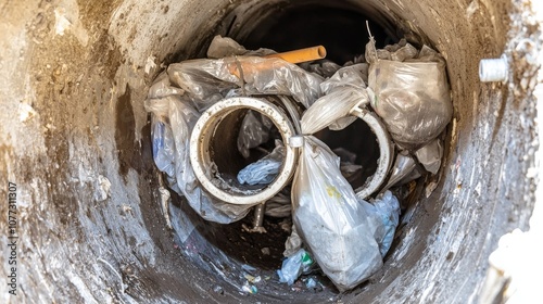 Close-up of a sewer pipe clogged with plastic bags and debris. photo