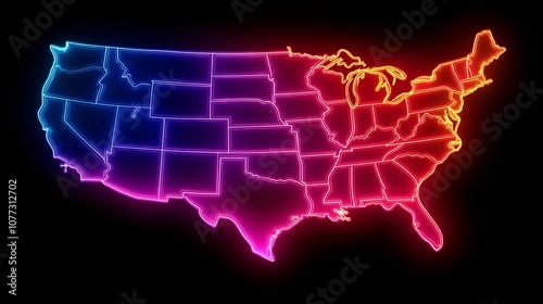 United states of america glowing neon sign showing all states and borders photo