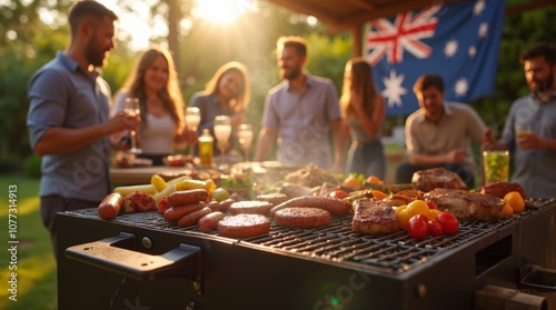 lively Australian barbecue in a backyard, featuring a grill with sizzling sausages, steaks, and vegetables. Friends and family are gathered around, enjoying food and drinks photo