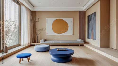 The Japandiinspired living room features minimalist aesthetics with calming blue and beige hues, a cozy sofa, and striking abstract art that enhance the spaces ambiance and comfort photo