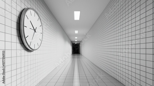 Slim metal wall clock in monochrome hallway