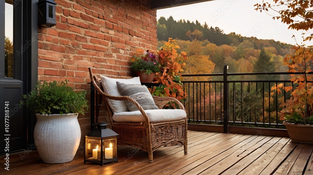 Obraz premium Cozy Autumn Balcony with Wicker Chair, Pumpkin, Chrysanthemums, ivy, golden hour, Rustic Charm V8