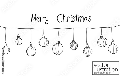 Merry Christmas single continuous line art. Holiday greeting card decoration Christmas tree ball lettering silhouette concept design one sketch outline drawing vector illustration