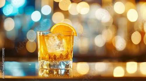 This delicious chilled cocktail is served on a bar counter with a bokeh-style background photo