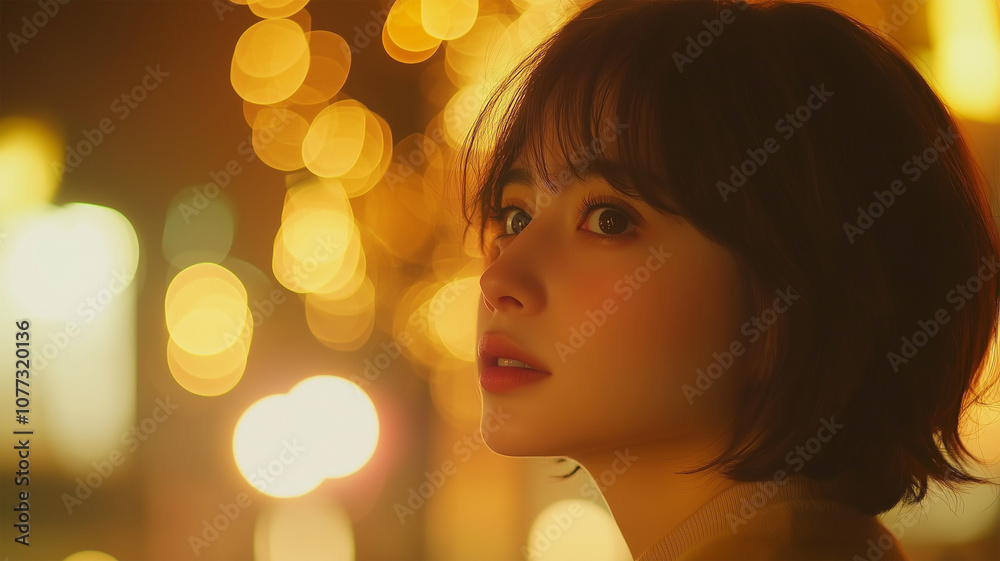 Fototapeta premium 夕焼けの中で遠くを見つめる日本人女性