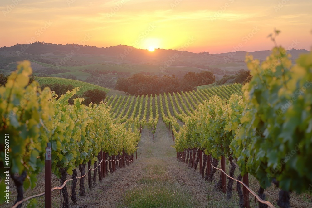Fototapeta premium A breathtaking sunset over rolling hills with vineyards in the foreground.