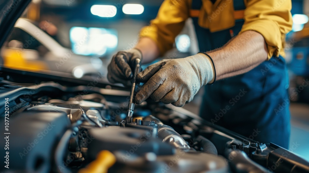 Obraz premium Mechanic Working on Car Engine with a Wrench