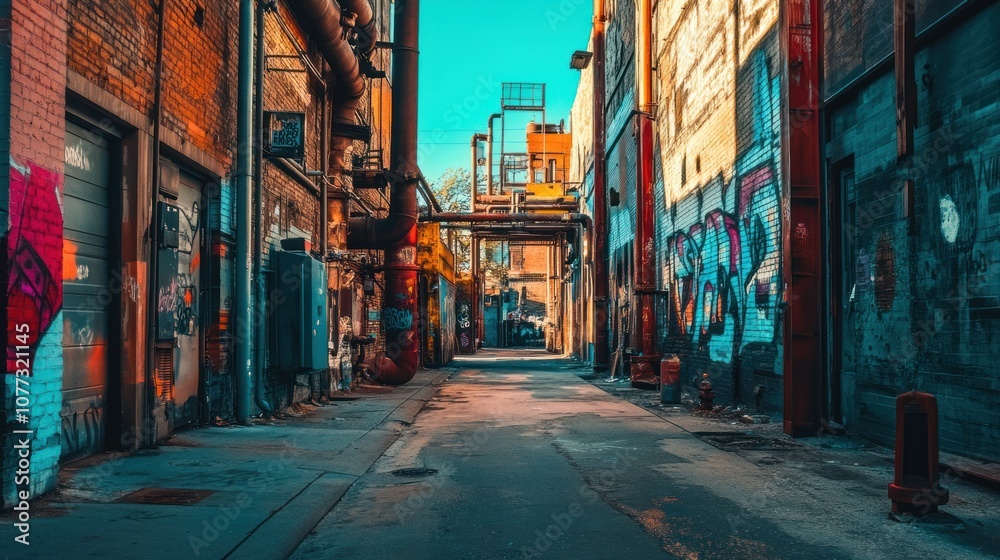Naklejka premium A Narrow, Graffiti-Covered Alleyway with Pipes and Brick Walls