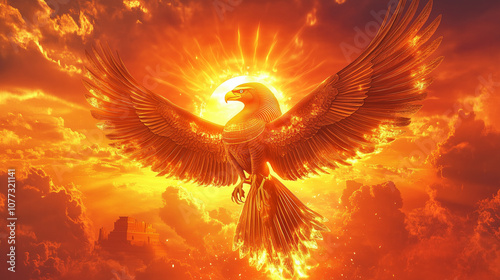 The sun god Raâs chariot blazing across the sky, his falcon face glowing with power against a radiant sunset photo