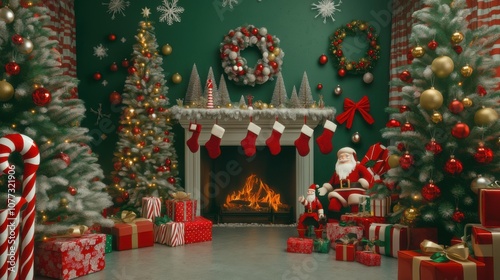 A cozy Christmas living room decorated with a fireplace, Christmas trees, stockings, and wrapped presents during the festive season