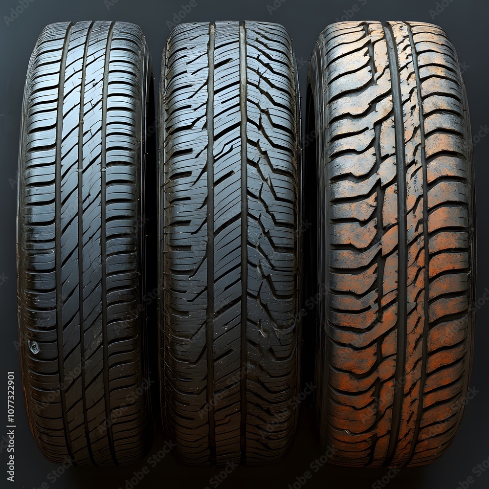 Fototapeta premium Three Tire Comparison: Worn, New, and Slightly Worn