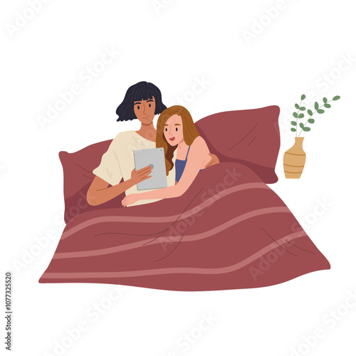 Sweet young lesbian couple lie on bed and hug each other while looking at tablet. Cute homosexual couple moment. Sleeping time with girlfriend. Flat vector illustration LGBTQ+ character lifestyle.