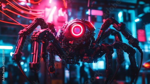 Cyberpunk figure on mechanical spider throne in industrial setting photo