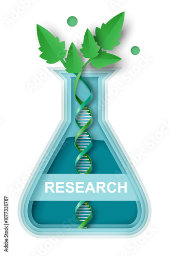 Eco science and biotechnology vector illustration. Research growing in seedling chemical flask beaker with dna molecule in craft papercut design