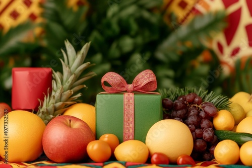 Celebrating Kwanzaa with a kinara surrounded by gifts and fresh produce on a colorful mat photo