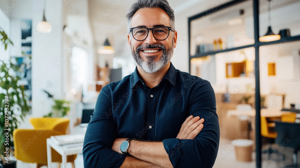 Fototapeta premium Smiling middle-aged man with gray beard and glasses standing confidently in modern office environment
