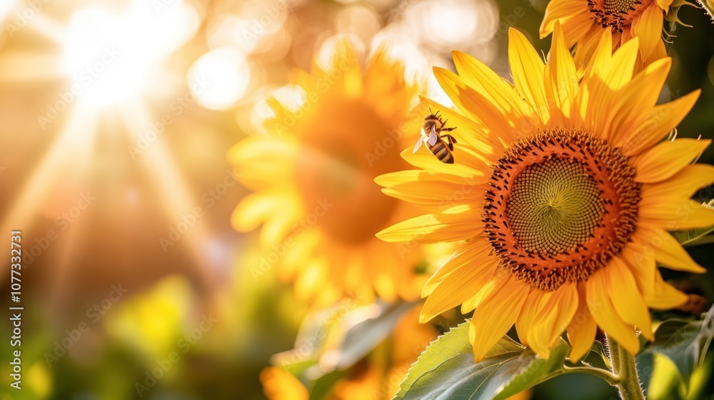 Obraz premium A Honeybee on a Sunflower in the Sun's Rays