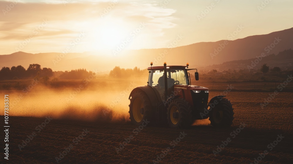 Fototapeta premium Tractor Driving Through Field at Sunset, Dust Flying