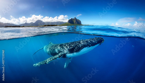 Indian Ocean, Mauritius Whale and humpback whale and vibrant coral reefs and sea Turtles. Mauritius island under waterfall, Mauritius undersea, Mauritius sea, humpback whale	