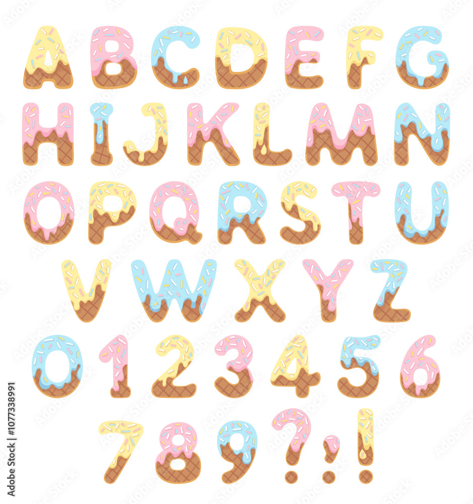 Fototapeta premium Cute funny wafer cream alphabet numbers Sweet letters for nursery, poster, card, party, packaging paper design, baby t-shirt Vector illustration for kids birthday anniversary or baby shower decoration