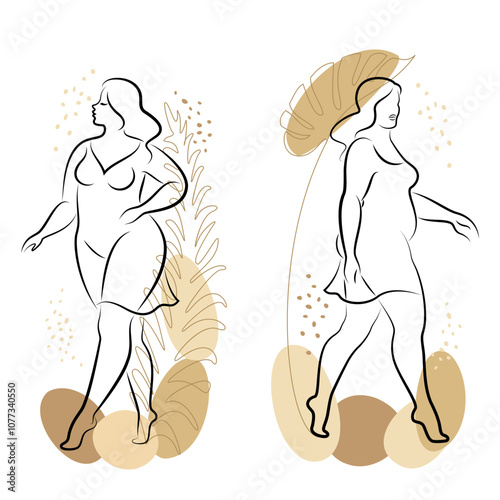 Collection. Silhouette of a female figure and plant leaves. The girl is standing. The lady is full of beauty and sexuality. The girl is overweight vector illustration set.