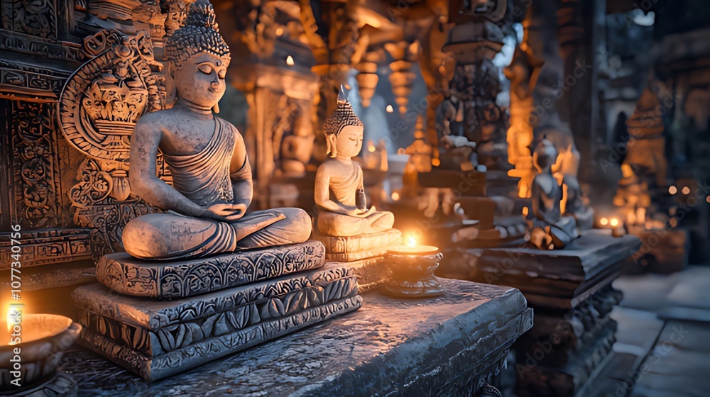 Fototapeta premium Buddha statues in a temple lit by candles at dusk.