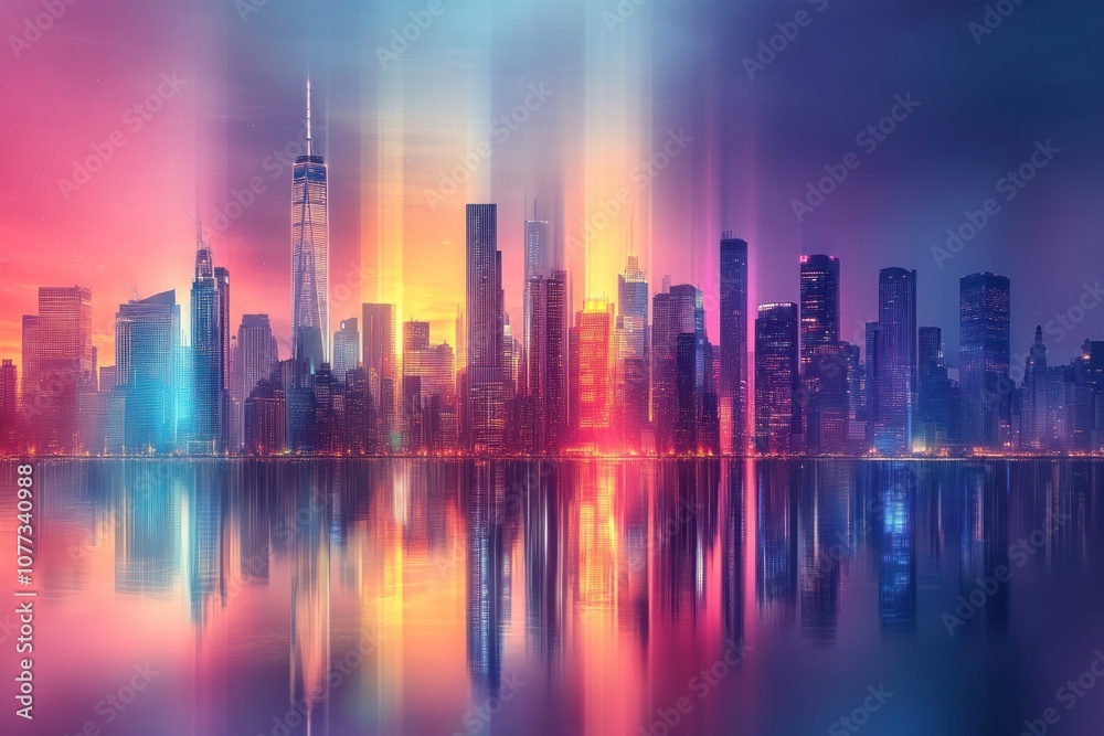 Fototapeta premium A vibrant cityscape with colorful lights reflecting in the water at sunset.