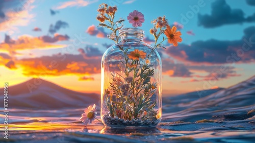 In a glass vase, dried wildflowers adorn cereals on the table, coloring them photo