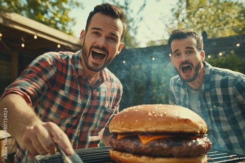 two man grilling a massive burger on a classic BBQ grill in a lively backyard.