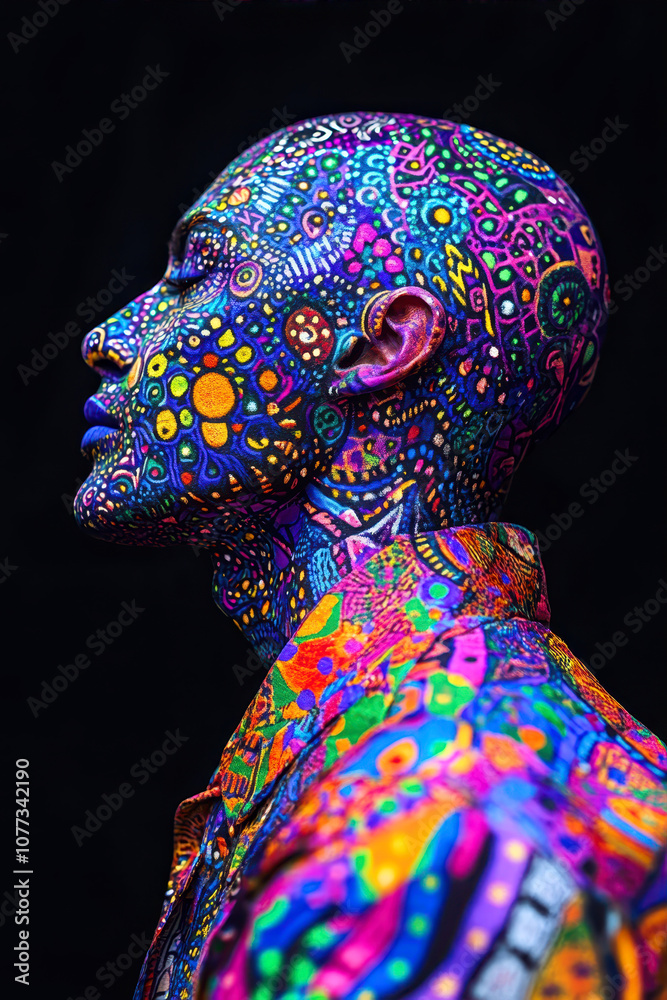 Obraz premium Vibrant Celebration of Art With a Colorful Patterned Figure in a Creative Setting