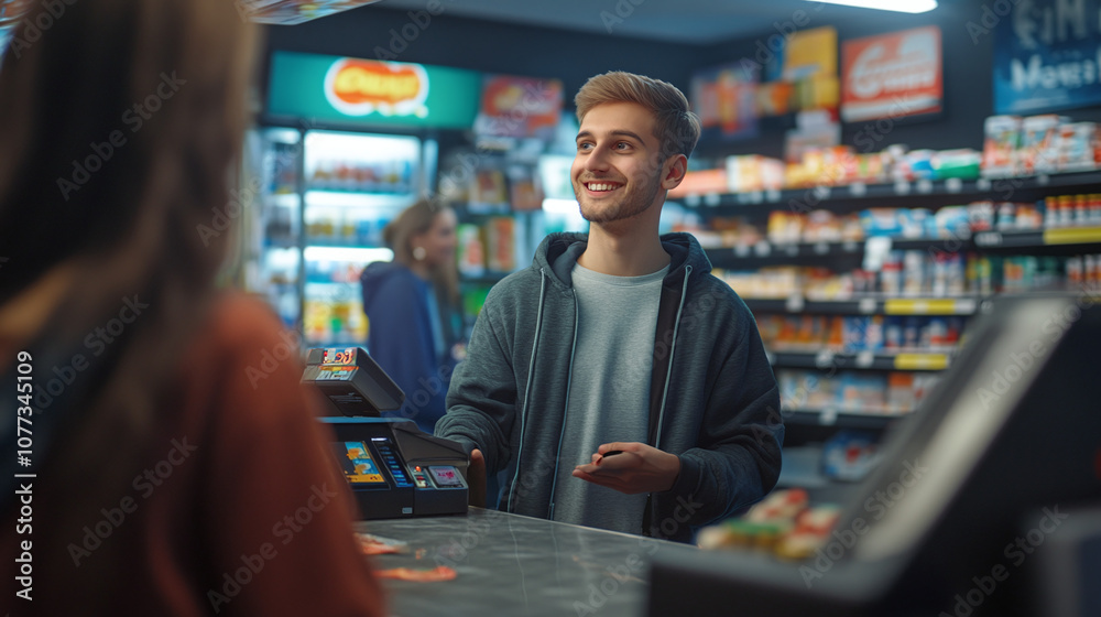 Young Man Smiling While Making a Purchase at a Convenience Store During Evening Hours, With Vibrant Product Displays in the Background