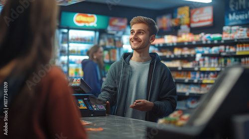 Obraz na płótnie Young Man Smiling While Making a Purchase at a Convenience Store During Evening Hours, With Vibrant Product Displays in the Background w salonie
