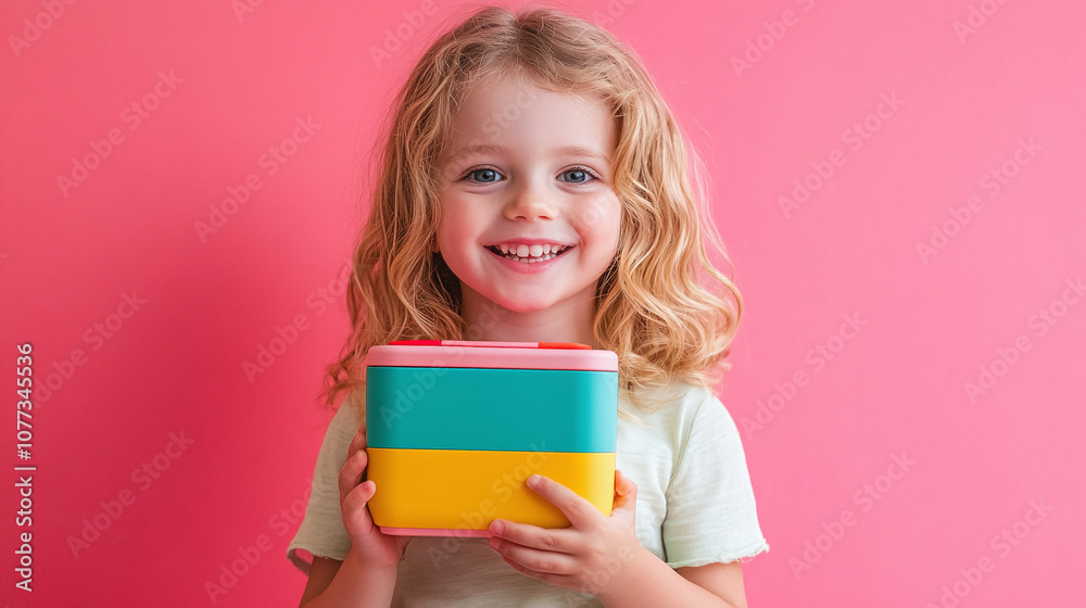 A Cheerful Young Girl With Curly Hair Holds a Colorful Lunchbox Against a Vibrant Pink Background, Expressing Joy and Excitement in a Playful Indoor Setting
