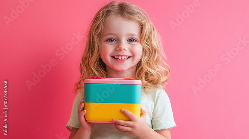 Obraz na płótnie A Cheerful Young Girl With Curly Hair Holds a Colorful Lunchbox Against a Vibrant Pink Background, Expressing Joy and Excitement in a Playful Indoor Setting w salonie