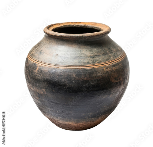 Traditional clay pot with unique texture, isolated on white background. photo