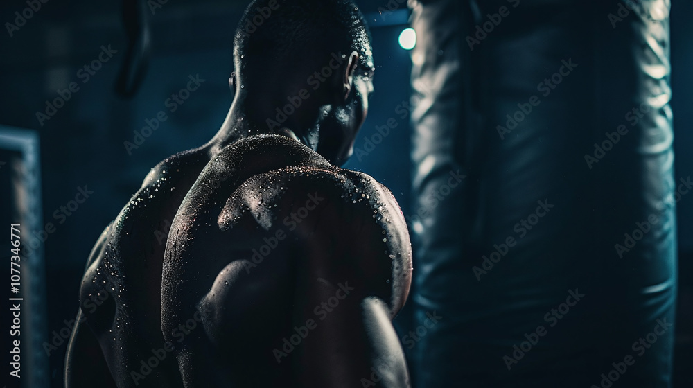 A Bodybuilder Training Intensely in a Dimly Lit Gym, Showcasing Muscular Physique and Sweat During a Workout Session Focused on Strength Enhancement