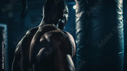 Obraz na płótnie A Bodybuilder Training Intensely in a Dimly Lit Gym, Showcasing Muscular Physique and Sweat During a Workout Session Focused on Strength Enhancement w salonie