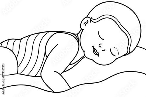 A cute Baby wearing a bathing scalp is sleep line art vector art illustration